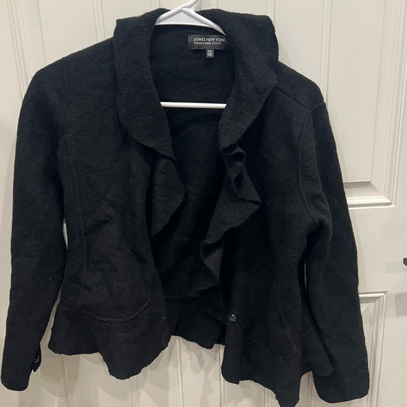 Jones New York PETITE MEDIUM Black Ruffled Collar MERINO WOOL  Blazer - Picture 6 of 9